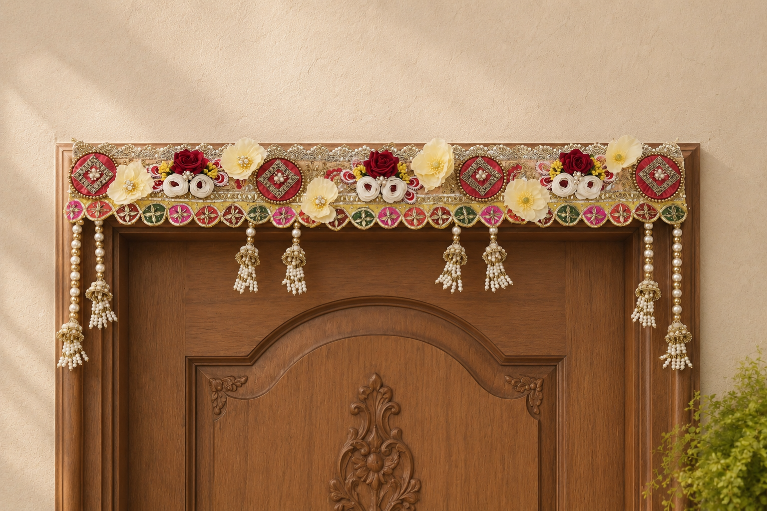 Handcrafted floral toran by Kanta Curators displayed above a wooden door