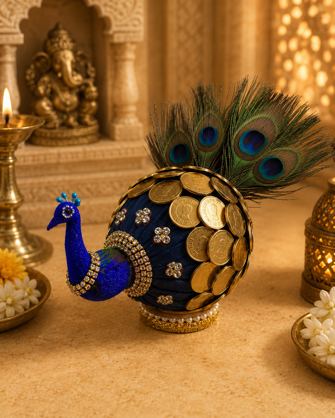 Handcrafted peacock coconut with coin embellishments for Indian wedding gifting